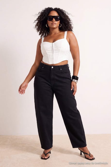 Trendyol Curve Damen Schwarz Einfarbig Barrel Hohe Taille Große Größen Jeans - Image 1