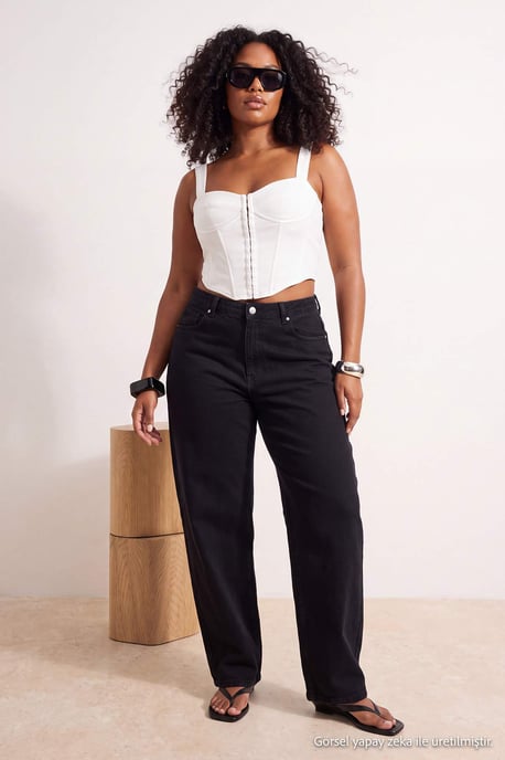 Trendyol Curve Damen Schwarz Einfarbig Barrel Hohe Taille Große Größen Jeans - Image 2