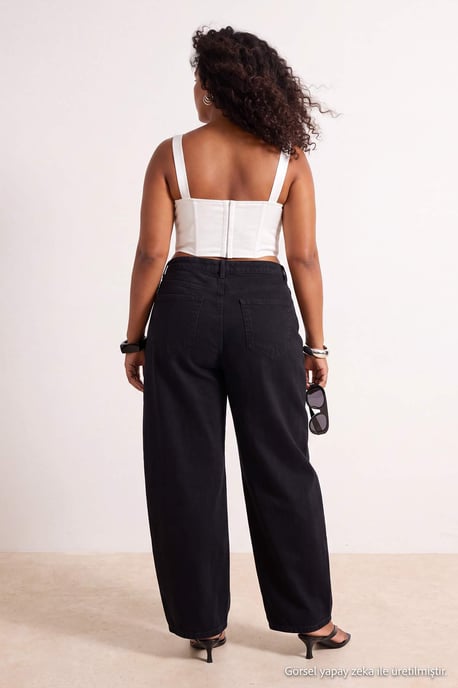 Trendyol Curve Damen Schwarz Einfarbig Barrel Hohe Taille Große Größen Jeans - Image 3