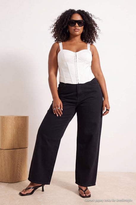 Trendyol Curve Damen Schwarz Einfarbig Barrel Hohe Taille Große Größen Jeans - Image 6