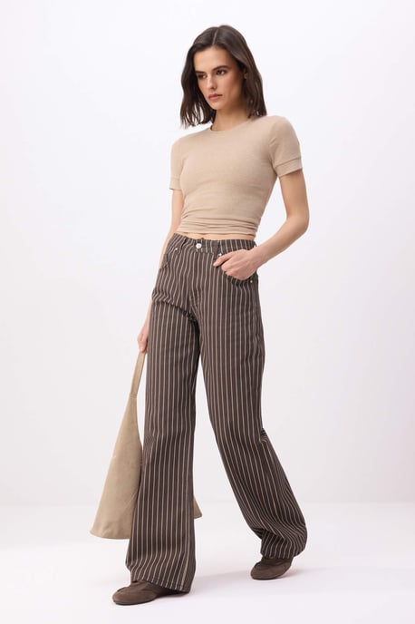 TRENDYOLMİLLA Damen Braun Gestreift Weites Bein Hohe Taille Jeans - Image 4