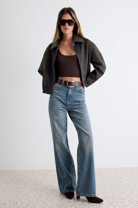 TRENDYOLMİLLA Damen Dunkelblau Einfarbig Weites Bein Hohe Taille Jeans - Image 1