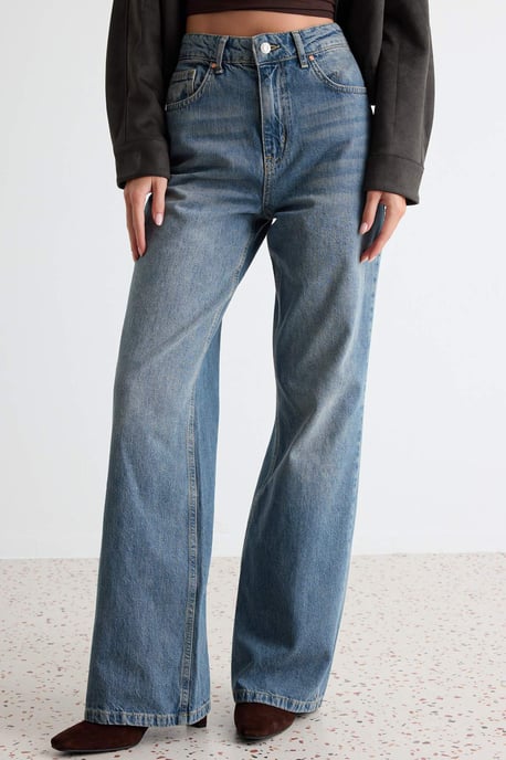 TRENDYOLMİLLA Damen Dunkelblau Einfarbig Weites Bein Hohe Taille Jeans - Image 2