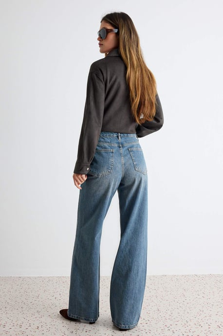 TRENDYOLMİLLA Damen Dunkelblau Einfarbig Weites Bein Hohe Taille Jeans - Image 3