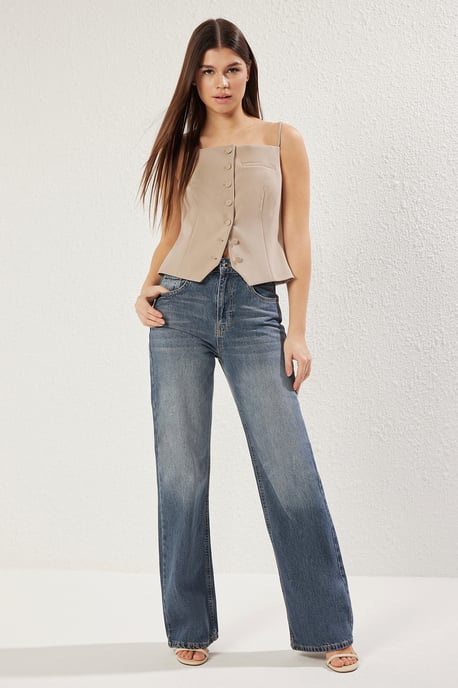 TRENDYOLMİLLA Damen Dunkelblau Einfarbig Weites Bein Hohe Taille Jeans - Image 4