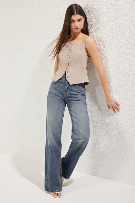 TRENDYOLMİLLA Damen Dunkelblau Einfarbig Weites Bein Hohe Taille Jeans - Image 5