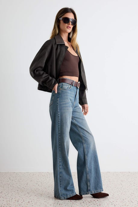 TRENDYOLMİLLA Damen Dunkelblau Einfarbig Weites Bein Hohe Taille Jeans - Image 6