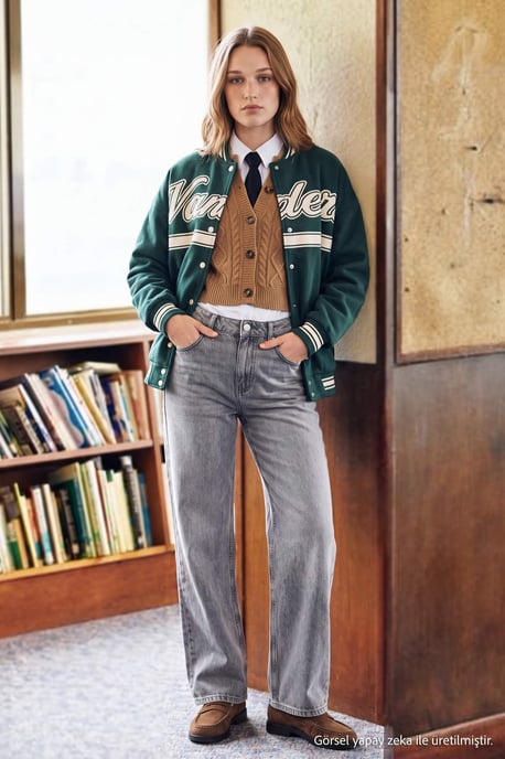 TRENDYOLMİLLA Damen Grau Einfarbig Weites Bein Normale Taille Jeans - Image 2