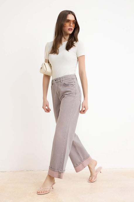 TRENDYOLMİLLA Damen Rosa Einfarbig Weites Bein Hohe Taille Jeans - Image 1