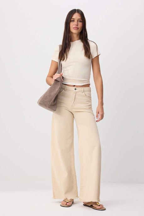 TRENDYOLMİLLA Damen Beige Einfarbig Weites Bein Hohe Taille Jeans - Image 1