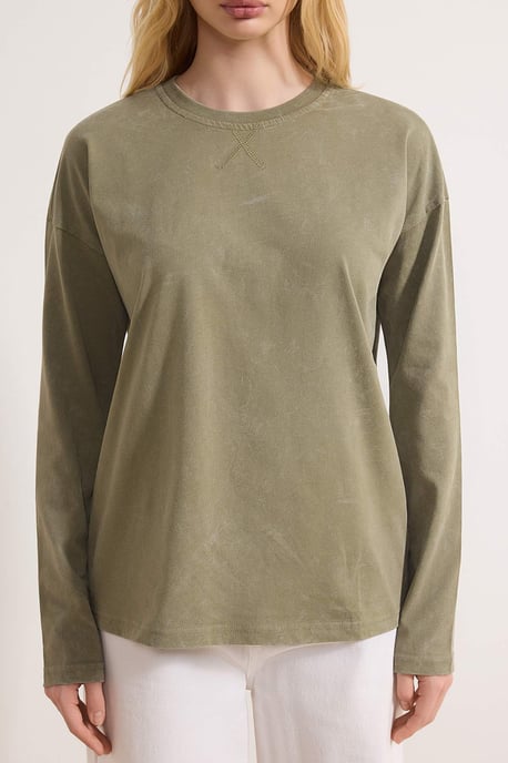 TRENDYOLMİLLA Damen Khaki Einfarbig Lang Relaxed Fit T-Shirts - Image 2