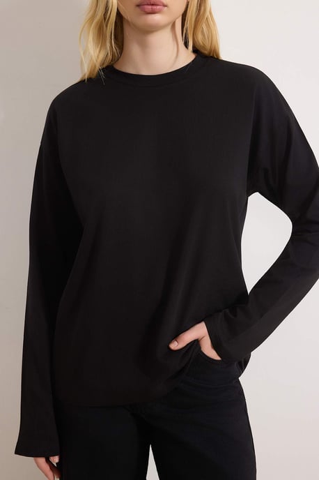 TRENDYOLMİLLA Damen Schwarz Einfarbig Lang Relaxed Fit T-Shirts - Image 2