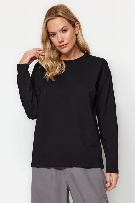 TRENDYOLMİLLA Damen Schwarz Einfarbig Lang Relaxed Fit T-Shirts - Image 4