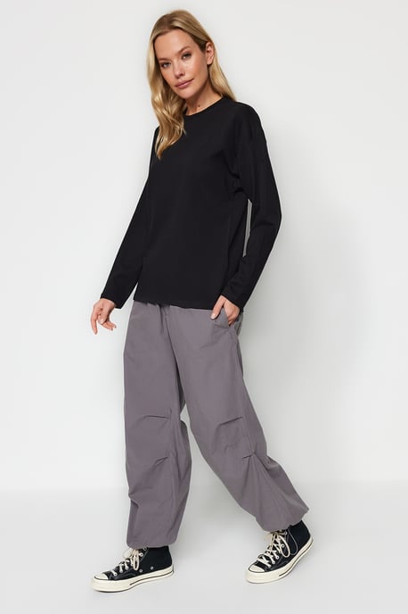 TRENDYOLMİLLA Damen Schwarz Einfarbig Lang Relaxed Fit T-Shirts - Image 5