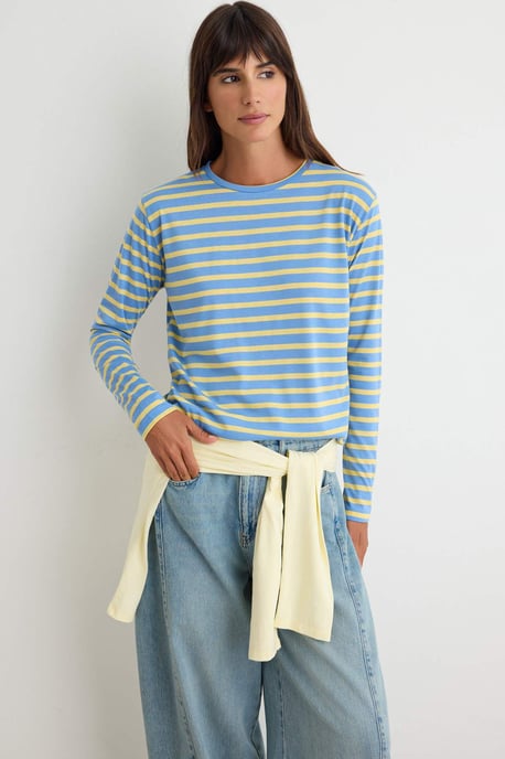 TRENDYOLMİLLA Damen Blau Gestreift Lang Regular Fit T-Shirts - Image 1
