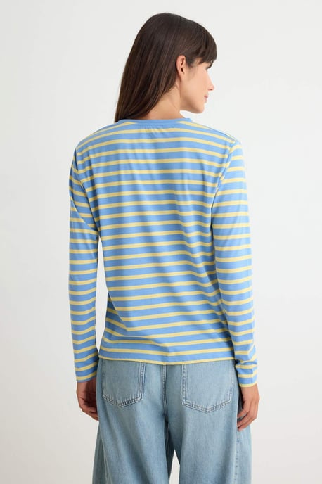 TRENDYOLMİLLA Damen Blau Gestreift Lang Regular Fit T-Shirts - Image 3