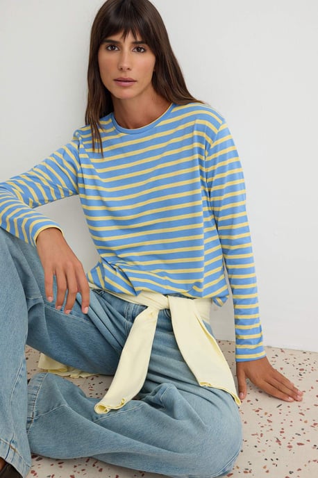 TRENDYOLMİLLA Damen Blau Gestreift Lang Regular Fit T-Shirts - Image 4