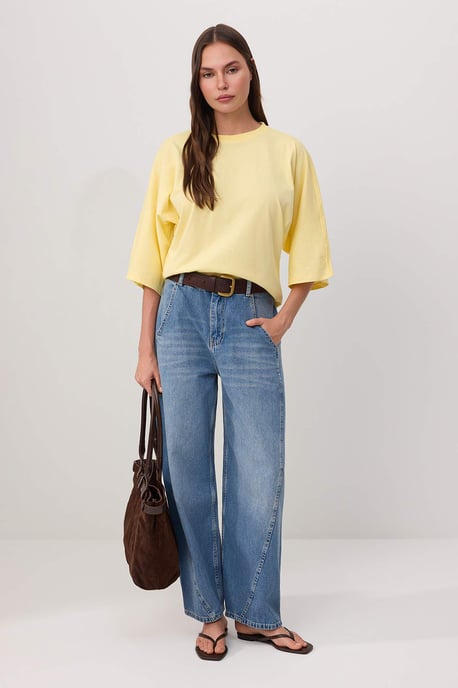 TRENDYOLMİLLA Damen Gelb Einfarbig 3/4-Arm Oversize T-Shirts - Image 2