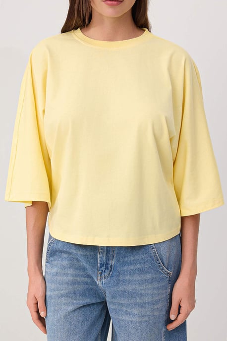 TRENDYOLMİLLA Damen Gelb Einfarbig 3/4-Arm Oversize T-Shirts - Image 3