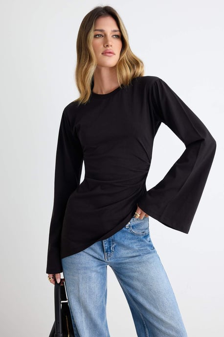 TRENDYOLMİLLA Damen Schwarz Einfarbig Lang Tailliert T-Shirts - Image 1