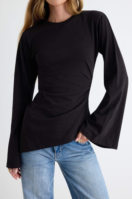 TRENDYOLMİLLA Damen Schwarz Einfarbig Lang Tailliert T-Shirts - Image 2