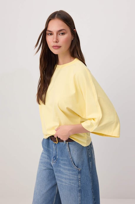TRENDYOLMİLLA Damen Gelb Einfarbig 3/4-Arm Oversize T-Shirts - Image 5
