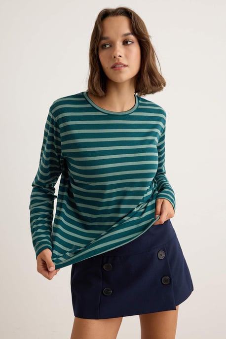 TRENDYOLMİLLA Damen Blau Gestreift Lang Regular Fit T-Shirts - Image 1