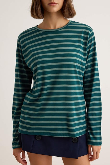 TRENDYOLMİLLA Damen Blau Gestreift Lang Regular Fit T-Shirts - Image 2