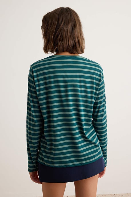 TRENDYOLMİLLA Damen Blau Gestreift Lang Regular Fit T-Shirts - Image 3