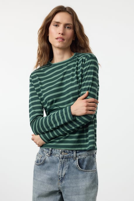 TRENDYOLMİLLA Damen Blau Gestreift Lang Regular Fit T-Shirts - Image 4