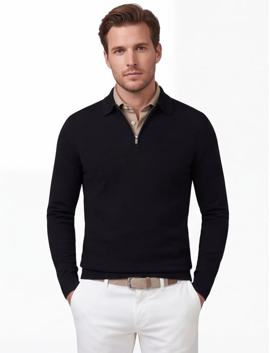 Cavallaro Napoli schwarzes Poloshirt aus Merinowolle mit Reißverschluss - Image 1