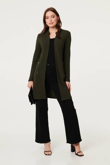 Khakifarbener Longline-Mantel-Cardigan mit offener Vorderseite - Image 4