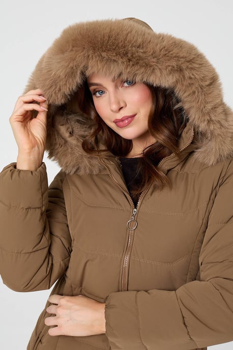 Braune Steppjacke mit Kapuze, Kunstpelzbesatz und Reißverschluss - Image 4