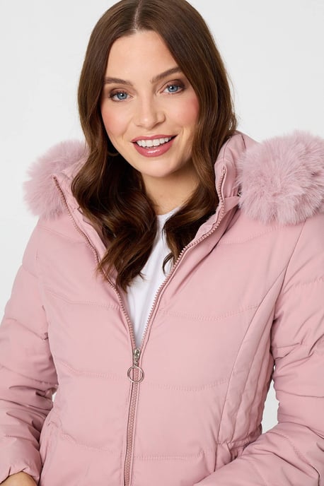 Rosa Steppjacke mit Kapuze, Kunstfellbesatz und Reißverschluss - Image 4