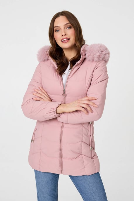 Rosa Steppjacke mit Kapuze, Kunstfellbesatz und Reißverschluss - Image 5