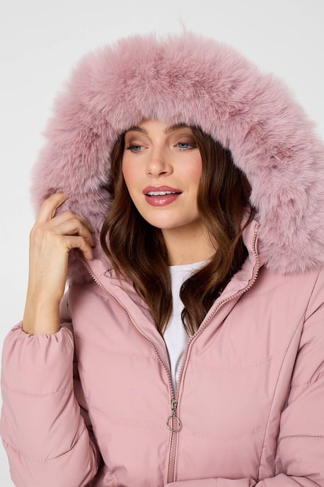 Rosa Steppjacke mit Kapuze, Kunstfellbesatz und Reißverschluss - Image 6