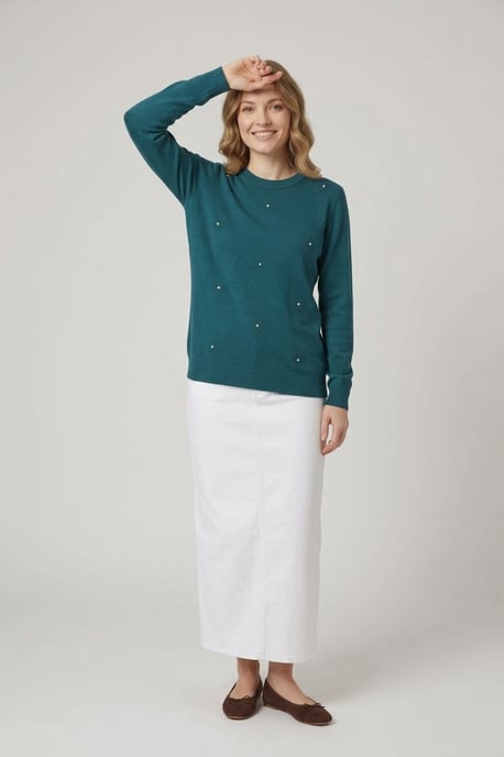 Türkiser Jumper mit Blumenmuster und Schmucksteinverzierung - Image 1