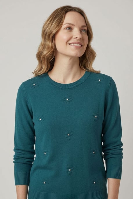 Türkiser Jumper mit Blumenmuster und Schmucksteinverzierung - Image 2
