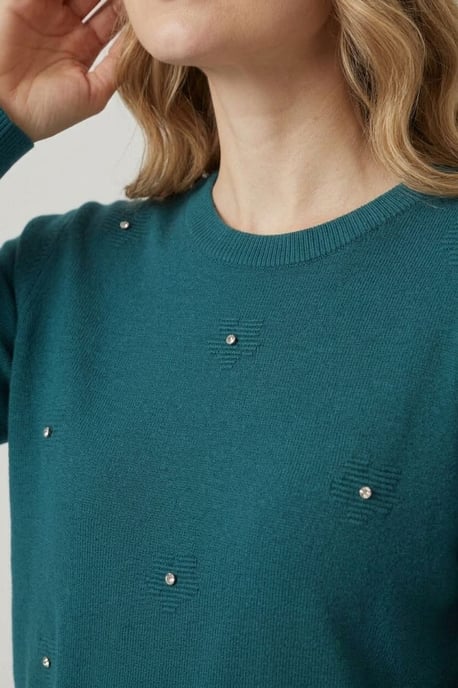 Türkiser Jumper mit Blumenmuster und Schmucksteinverzierung - Image 4