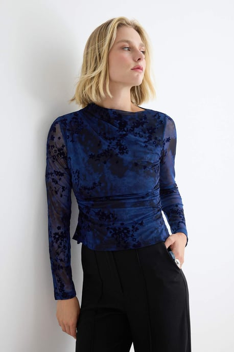 TRENDYOLMİLLA Damen Dunkelblau Geblümt Lang Tailliert Blusen - Image 1