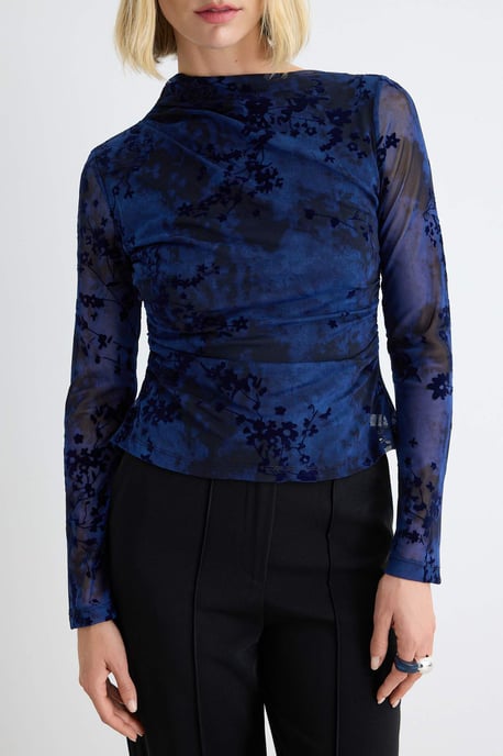 TRENDYOLMİLLA Damen Dunkelblau Geblümt Lang Tailliert Blusen - Image 2