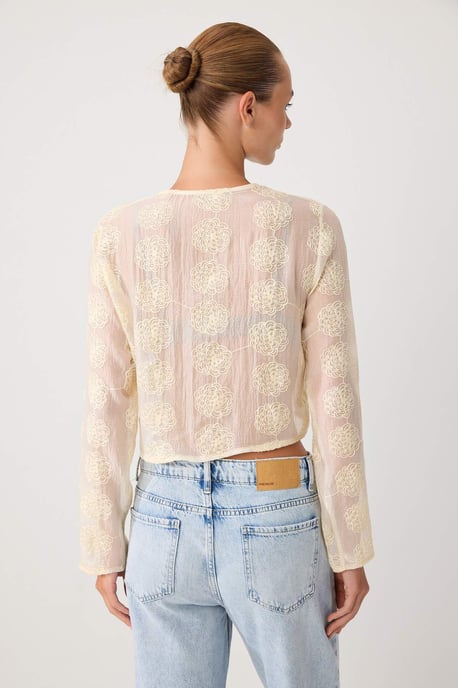 TRENDYOLMİLLA Damen Gelb Geblümt Lang Regular Fit Blusen - Image 3