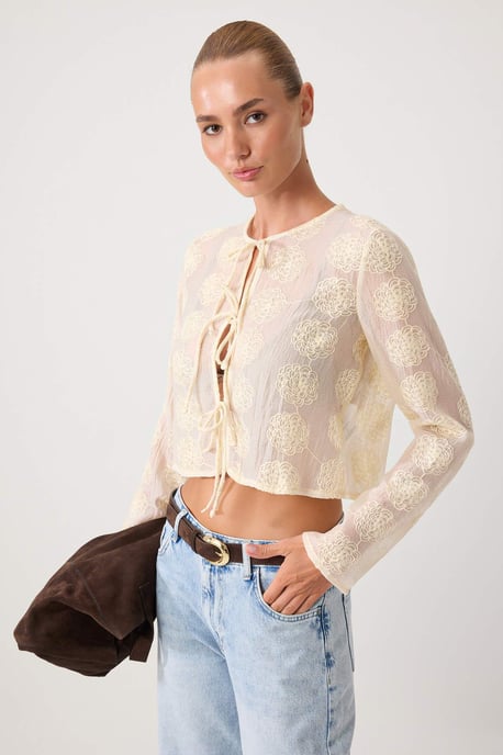 TRENDYOLMİLLA Damen Gelb Geblümt Lang Regular Fit Blusen - Image 4