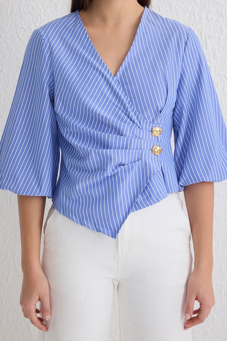 TRENDYOLMİLLA Damen Blau Gestreift 3/4-Arm Tailliert Blusen - Image 3