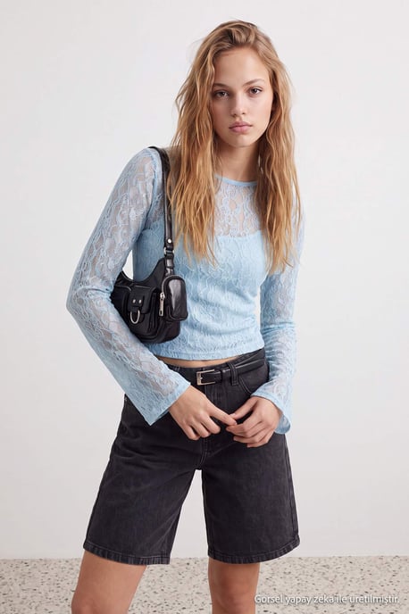 TRENDYOLMİLLA Damen Blau Einfarbig Lang Tailliert Blusen - Image 2