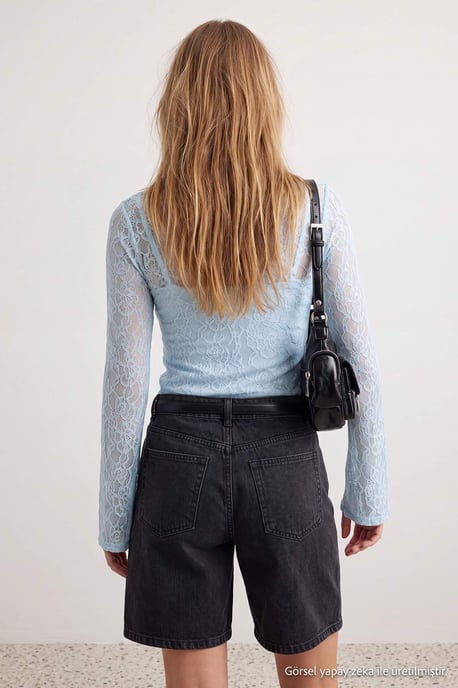 TRENDYOLMİLLA Damen Blau Einfarbig Lang Tailliert Blusen - Image 4