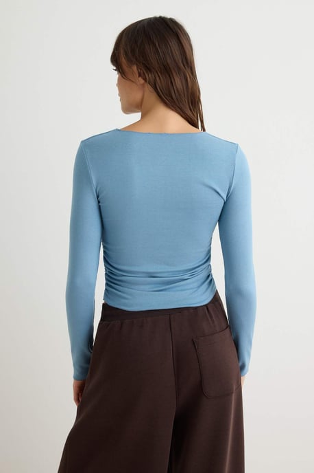 TRENDYOLMİLLA Damen Blau Einfarbig Lang Tailliert Blusen - Image 3