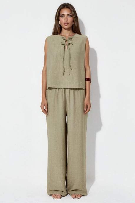 Set aus Viskose-Mischbluse mit Bindeelement und Hose mit elastischem Bund - Image 5