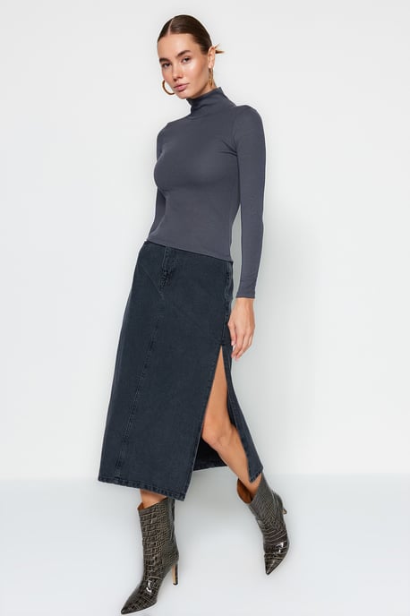 TRENDYOLMİLLA Damen Grau Einfarbig Lang Tailliert Blusen - Image 2