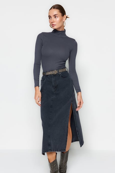 TRENDYOLMİLLA Damen Grau Einfarbig Lang Tailliert Blusen - Image 6